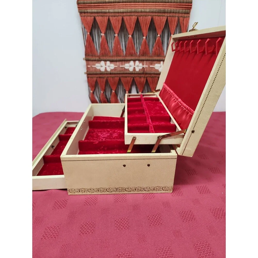 Vintage 1960's Mele & Co. Auto Open Jewelry Box W Original Key Red Velvet Lined